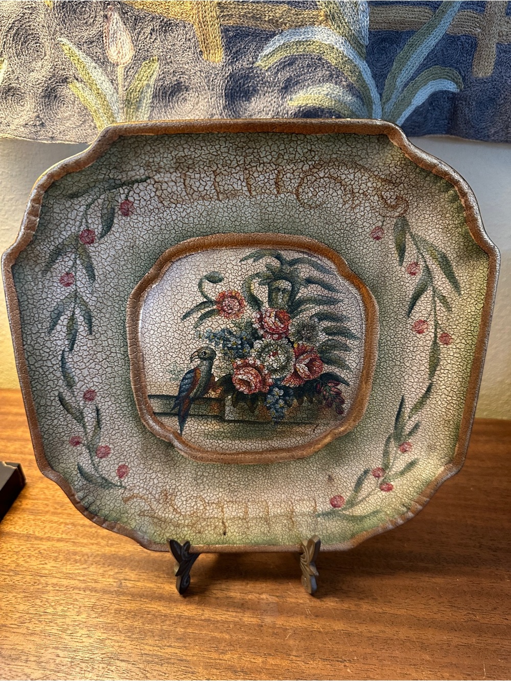 Hand-Painted Floral Parrot Decorative Ceramic Plate - Green, Red, Cream - Picture 2 of 5